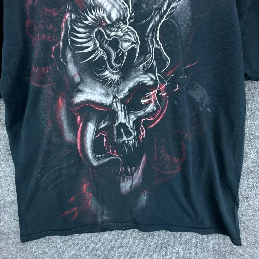 Dragon Skull T Shirt Mens Extra Large Black Red Grunge Punk Goth AOP Gildan - Picture 3 of 11